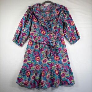 Melloday Floral Wrap Mini Dress Blue Pink Ruffle Long Sleeve Belted Large Boho